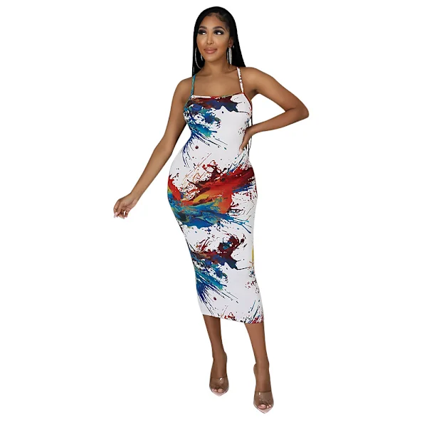 Kvinnors Sommar Spaghetti Rem Sexy Ärmlös Rygglös Bodycon Festklänning Cocktailklänning (Vit XXL)