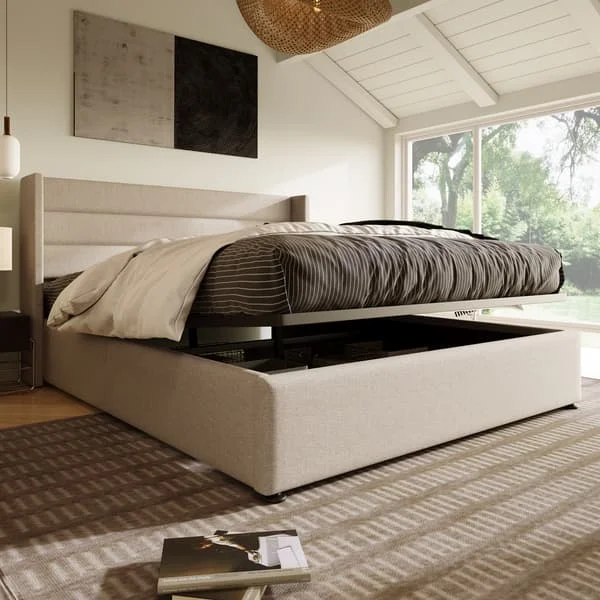 Förvaringssäng, stoppad säng med hydraulik, dubbelsäng 160x200 cm, ribbotten i trä, säng med ribbotten av metallram, linne, beige