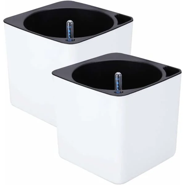 Self-watering herb pots with watering system, outdoor flower pots (2 white with water level pin, small)