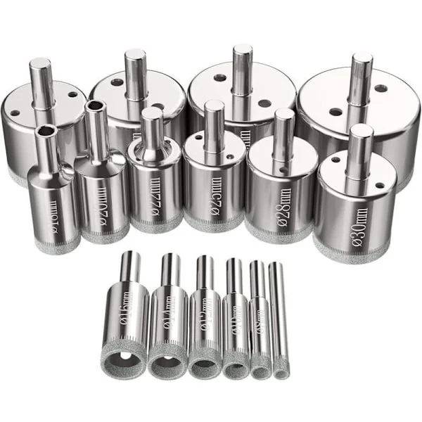 Sett med 16 hullsager. Diamantbor. Hullsag. 6–50 mm. Boreverktøy for glass. Hullsagsett i karbonstål Bor for glass, keramikk, porselen