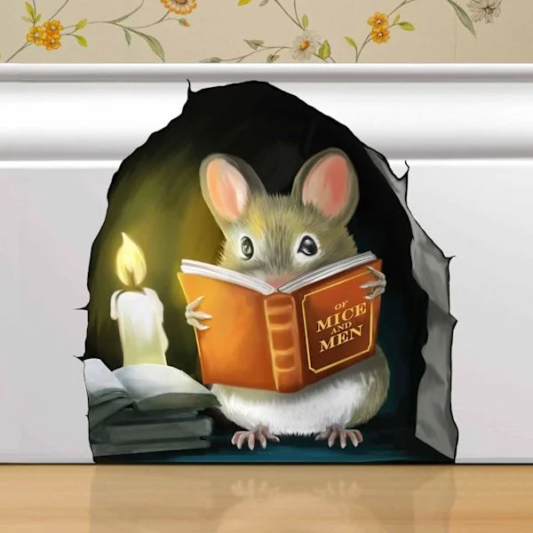 Muslesende bok, veggdekor klistremerke dekal, barnerom, klasserom, hjem, soverom, bokhylle, bokelsker, om mus og menn, barn, bedårende