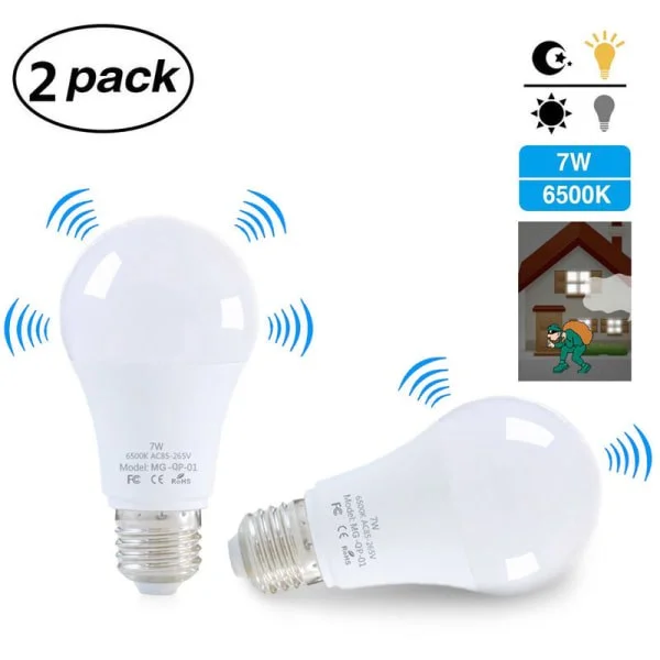 E27 LED-lampa, med rörelsesensor, 7W, vit, 2-pack