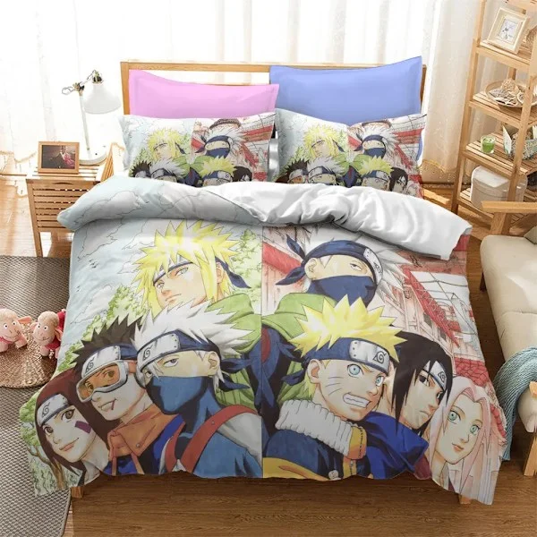 Anime Naruto Sengetøy Sett for barn Gutter Dobbelt dynetrekk Dyner Sett Akatsuki Itachi Sasuke Kakashi Laken Baby Sengeteppe