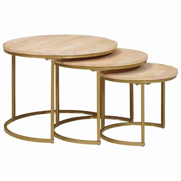vidaXL Stapelbara soffbord 3 st Massivt mangoträd och stål, Vardagsrum, runda, moderna soffbord, 4104639