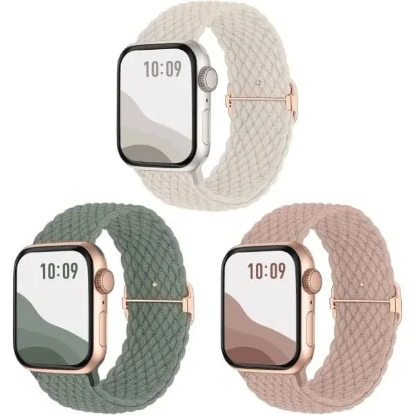 3-pack flätad Solo Loop kompatibel med Apple Watch armband 40 mm 38 mm 41 mm för kvinnor och män, justerbar nylon stretchig elastisk sportarmband