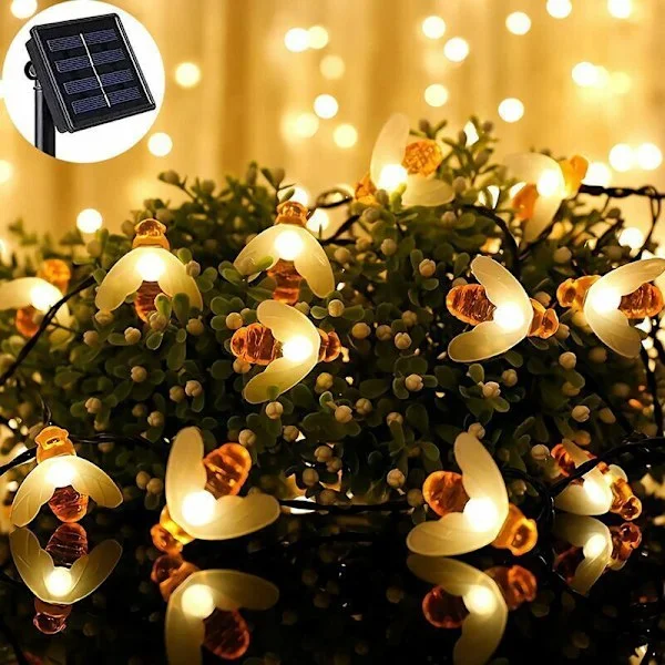 Solcelle Lyslenke med Bier, 30 LED 6.5M Solcelle Lyslenke med Bier 8 Moduser Kobbertråd Vanntett Utendørs Lyslenke for Hage Terrasse Port Gjerde Par