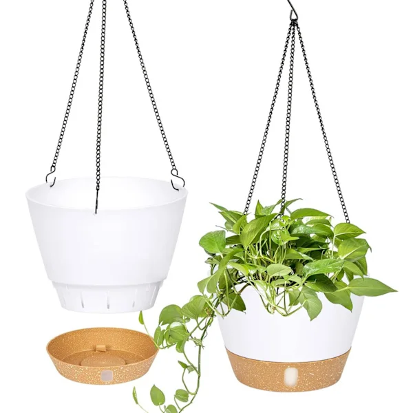 20 cm Diameter Hanging Planters Indoor Outdoor with Drainage Hole and 3 Hooks for Garden and Home (White), Pack of 2