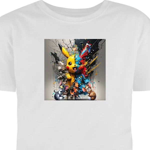 Barn-T-shirt | Bekväm T-shirt för Barn Vit 7-8 År Kreativt popkonstmotiv med tecknade figurer och färgstarka färgstänk.