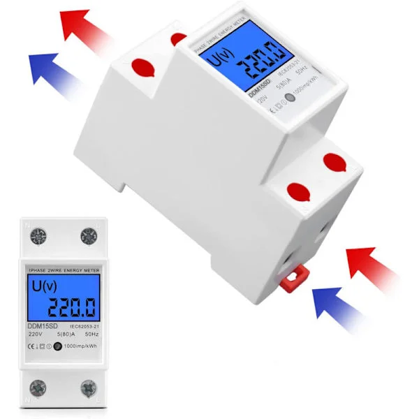 Enfaset 220V digital elmåler – Strøm 5(80)A – Frekvens 50Hz – Baggrundsbelyst LCD-display – 35mm DIN-skinne montering – DDM15SD