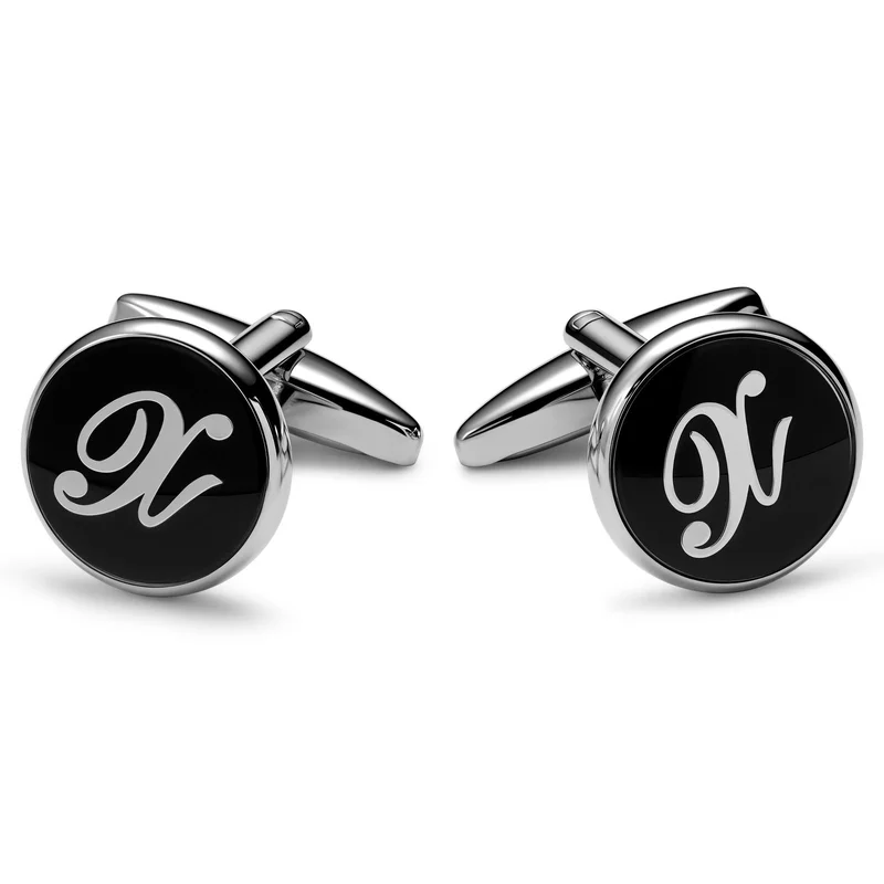 Round Silver-tone and Black Initial X Cufflinks for Men