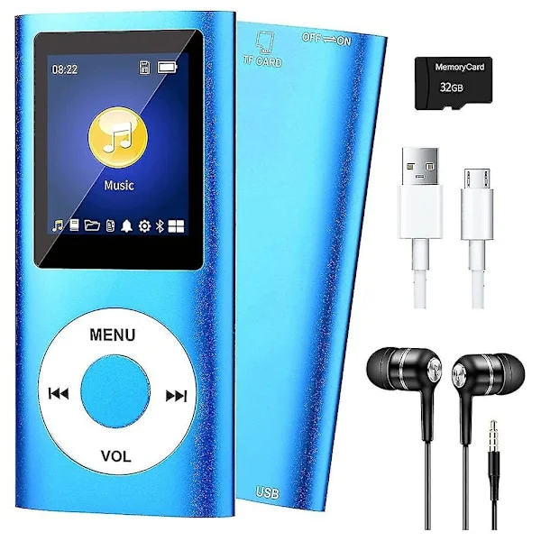Bluetooth 5.0 MP3-spiller med 32 GB TF-kort, FM-radio, øretelefoner - Bærbar HiFi-musikkspiller (blå)