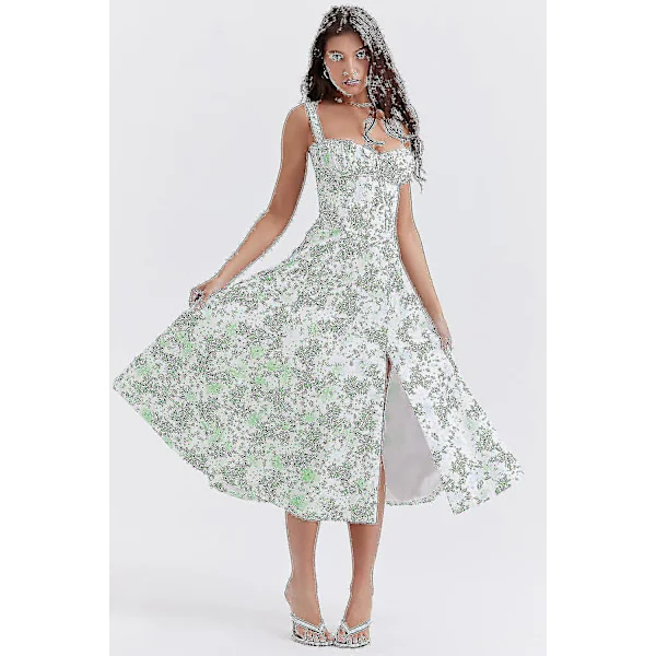 Kvinnor Blommig Boho Midi Bustier Kläder Dam Carmen Print Solklänning Sommar Beach Swing Kläder