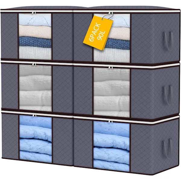 90L Storage Bags, 6-Pack Large Clothes Storage Bins with Lids and Zippers, Foldable Clothes Storage Boxes with Reinforced Handle