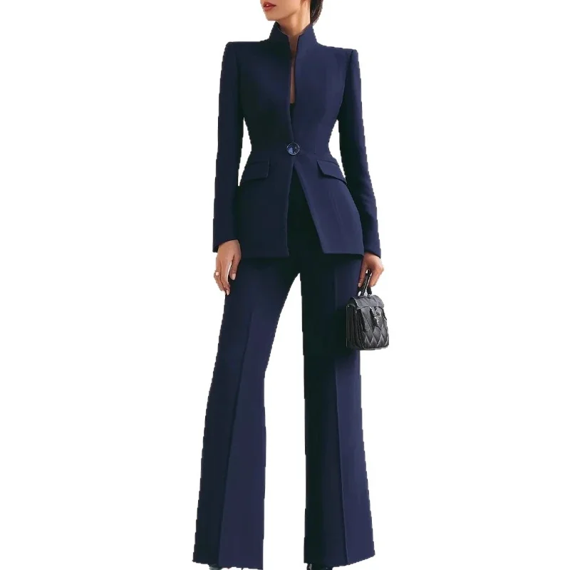 AliExpress - Ensemble deux pièces pour femme : Manteau à col montant et poches boutonnées, pantalon long taille empire élastique – Collection Automne 
