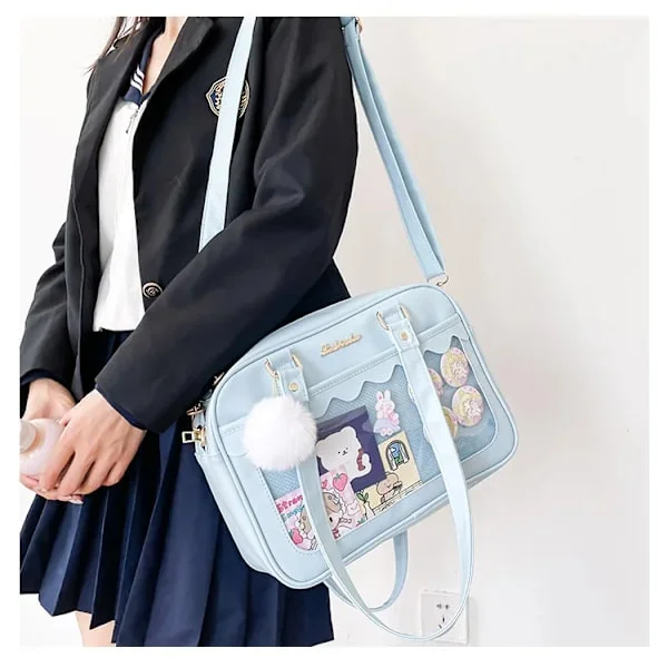 Japanilainen Kawaii Olkalaukku Naisille PU Nahka Itabag Läpinäkyvä Laukku JK Tote Laukku Käsilaukut Preppy Laukku ita laukku Crossbody Vaaleansininen