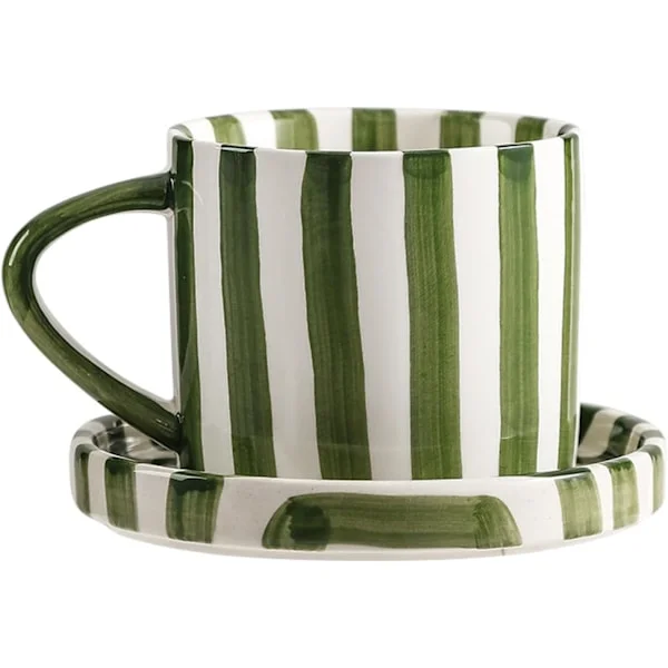 8-ounce kaffemugg stor espressomugg med fat keramisk kaffemugg handmålad randig konstnärsmugg och fat.