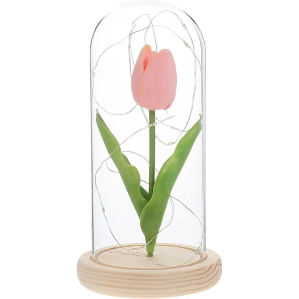 Dekorativ LED-tulipanlampe i glass og tre med delikat PU-lysende blomst for stuebord som stilig interiørdekorasjon -