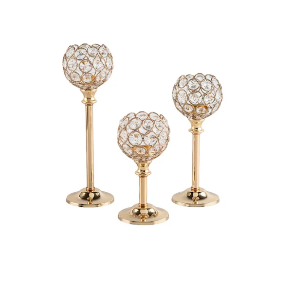 Mini krystalllysestakesett - Gullbelagt telysholder - Bryllups- og hjemmeinnredning for middager med levende lys, stor, medium, liten