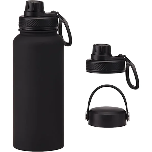 32 oz isolert vannflaske, stor kapasitet 1 liter vannflaske i rustfritt stål med 2 lokk Svart