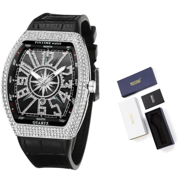 Men's Watch Luxury Diamond Iced Waterproof Quartz Wristwatch Blue Silicone Band Party Casual Dress Watches