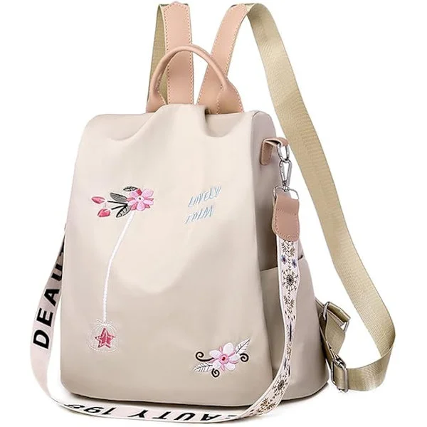 Floral Embroidered Shoulder Bag (Khaki), Girls Anti-theft Travel Backpack, Lightweight Fashion Daypack School Safe Waterproof Women's Fashion, Handbag