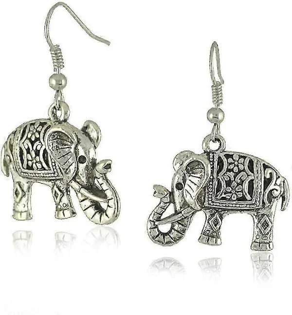 Heyone Handgjorda Boho Retro Lyckliga Elefanter Drop Dangle Örhängen Antika Silver Djur Statement Örhängen Smycken för Kvinnor Flickor