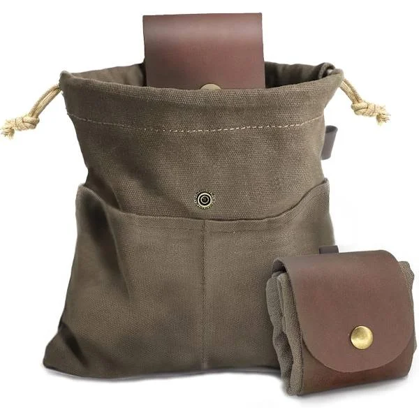Foldable Water-Resistant Outdoor Camping Hiking Foraging Bag in Leather and Canvas with Belt Compatible with Bushcraft Travel Storage 12x8 Inches