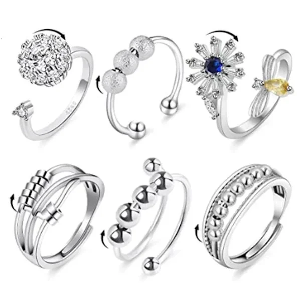 5/6 stk Fidget Angst Armbånd - Justerbart Antistress Ring Sett, Fidget Ringer For Kvinner Med Roterbare Perler, Ringer Fidget Ringer Angst Perle