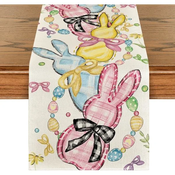 Floral Bow Bunny Egg Easter Table Runner, Spring Kitchen and Dining Table Decoration, 33x183 cm