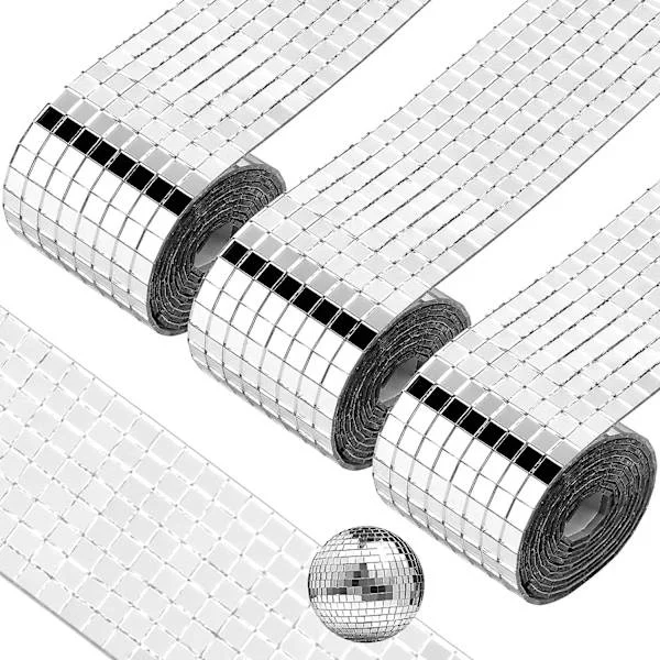 (100 X 4cm, 3 rolls) 4800 pieces glass mosaic tiles silver color, mini square mosaic tiles glass mosaic mirror mosaic creative hobby for disco balls