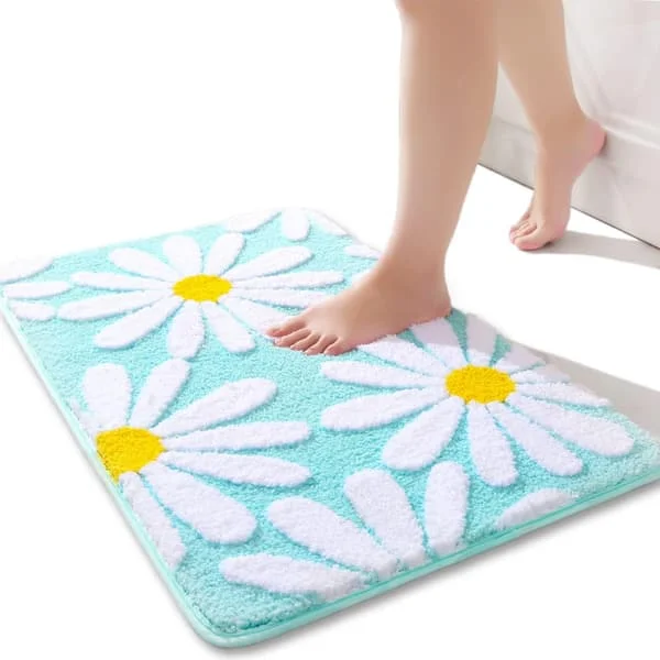 White Flower Beige Bathroom Mat (Green) - 50 x 80cm Non-Slip Bath Mat