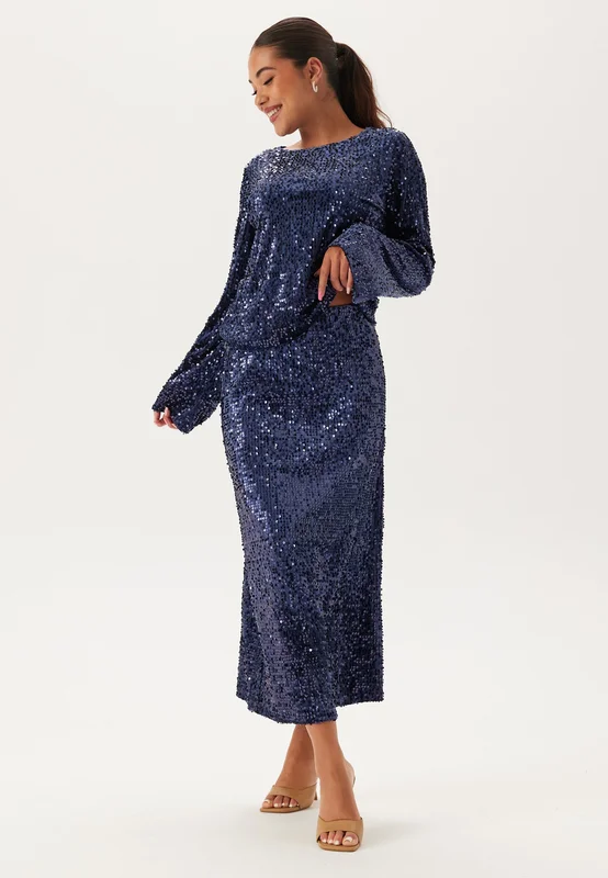 Happy Holly-Sequin A-line Midi Skirt-Midnight blue
