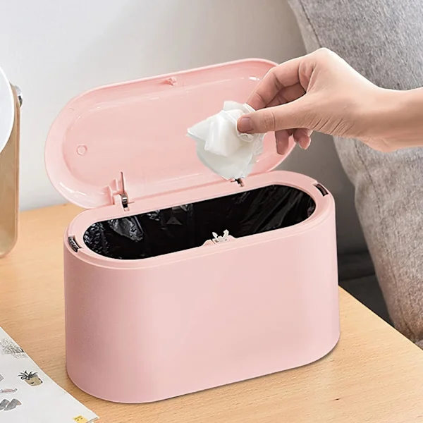 Mini søppelbøtte med lokk, avtakbar liten søppelbøtte, liten søppelbøtte i plast, pop-up benkeplate søppelbøtte, benkeplate søppelbøtte for lo, rosa