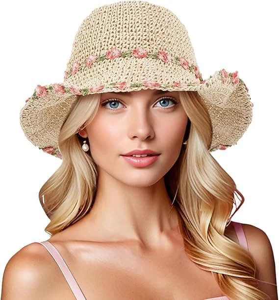 Sun Hat - Women's Bucket Hat - Foldable and Lightweight - Breathable - 60 cm Head Circumference - 8.5 cm Brim - For Beach and Garden - Hand-Woven 