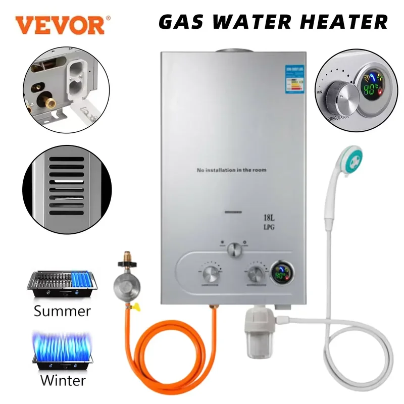 AliExpress - Chauffe-eau instantané portable VEVOR 6L 8L 10L 12L 16L 18L GPL, chauffe-eau sans réservoir mural au gaz propane GPL avec affichage 