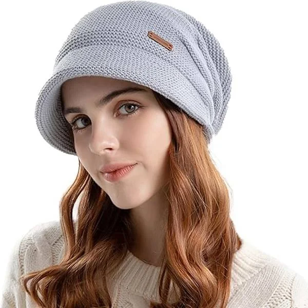 Dam Slouchy Stickad Mössa Vinter Varm Fleecefodrad Beanie Mössa Stretch Skallehatt med Visir, Ljusgrå