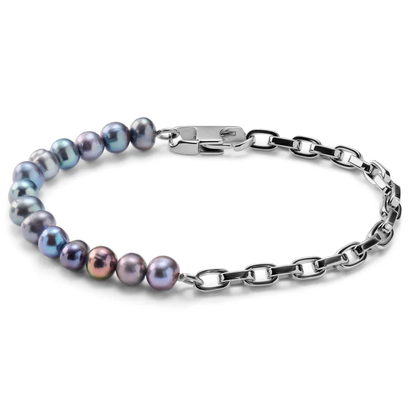 Ocata | Silver-Tone Anchor Chain & Black Pearl Bracelet for Men - Steel bracelets