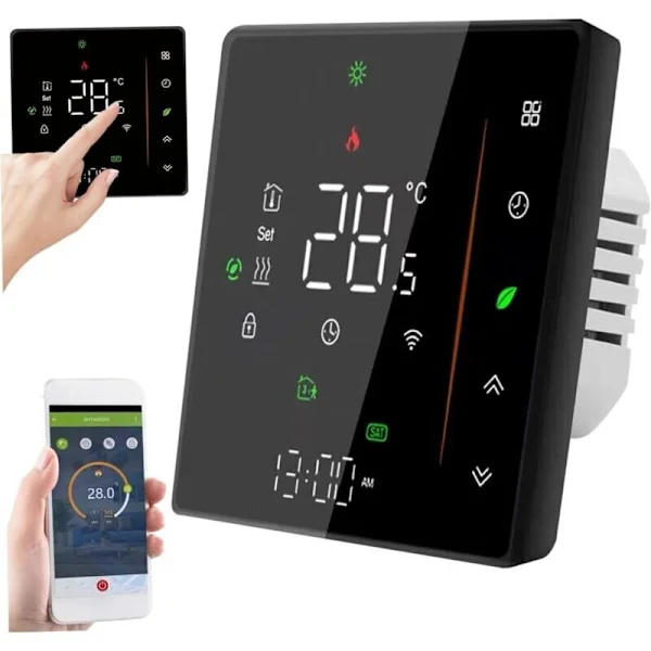 Smart WiFi-termostat. Veckoprogrammerbar. Pekkontroll/mobilapp/röststyrning. Kompatibel med Alexa/Home. För 16A elektrisk golvvärme (svart)