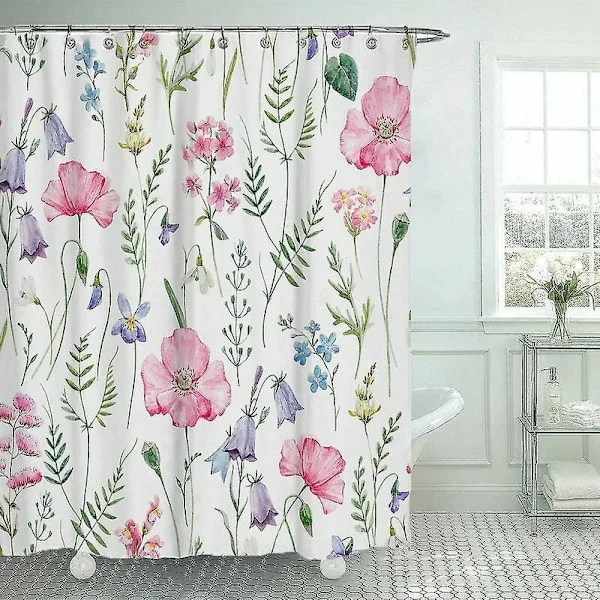 Duschdraperi Akvarell Blommor Växter Duschdraperi Set Tryckt Vattentätt Polyester Duschdraperi (Rosa)