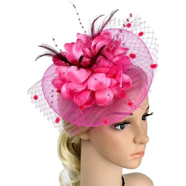 Damer Fascinator Pillbox Hatt Kvinner Blomst Bowler Hatt Fjær Bryllup Cocktail Hatt Hårklemme Party Hatt Hårtilbehør med Hårsløyfe Rose Rød