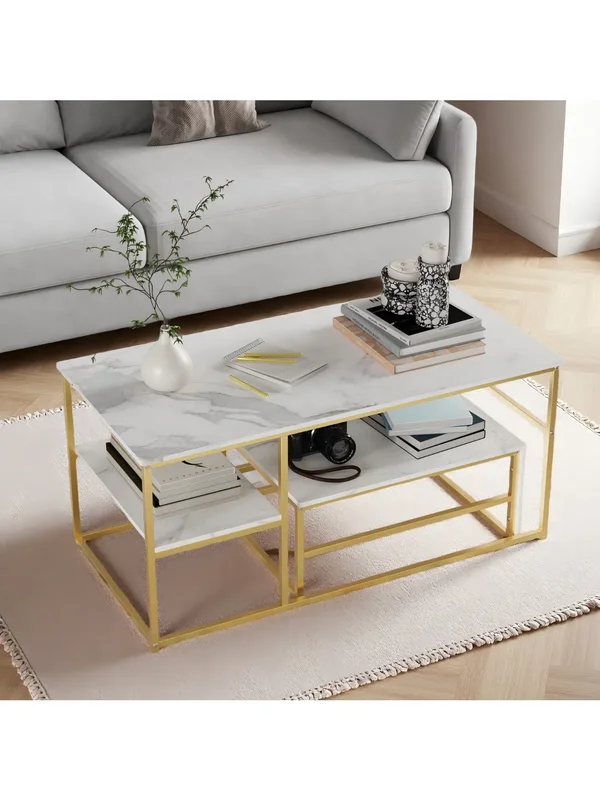 AliExpress - Table basse, table de salon, table basse avec structure en acier et étagères, table de canapé en bois, table d'appoint, blanc, noir