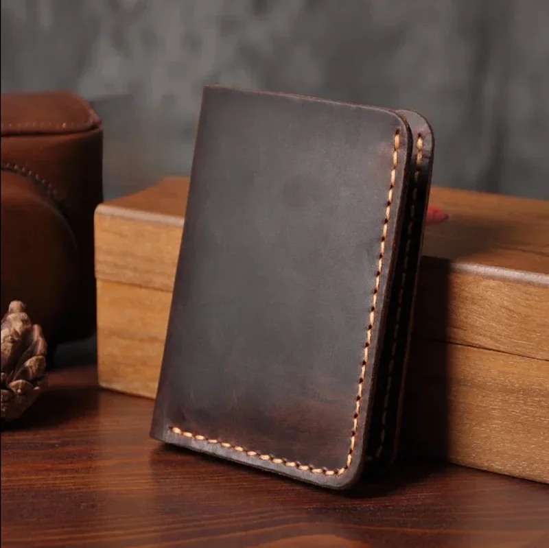 AliExpress - Fait à la main Vintage Crazy horse en cuir véritable hommes portefeuille hommes sac à main en cuir court carte portefeuille pour mâle 