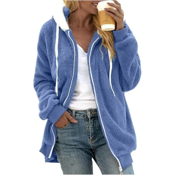 Luvtröja dam teddyfleece kappa övergångsjacka med huva med fickor dragkedja höst vinter plyschjacka fleecejacka vinter 3XL B Blå