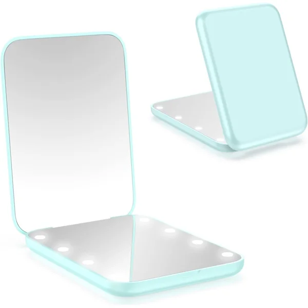Lille spejl med lys, LED kompakt makeup spejl, 1x/3x mini rejsespejl (med forstørrelse), bærbart til taske/lomme, pigegave, cyan