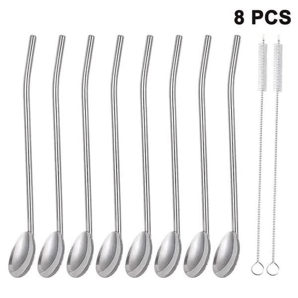 Rostfria sugrörsskedar, återanvändbara metallsugrör, metallsked med sugrör, sugrör cocktail sked set, latte macchiato sked 8-pack -XF29-