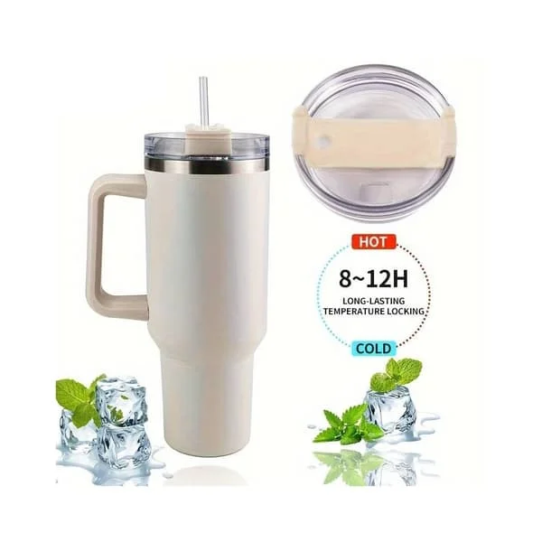 Tumbler termokop 1200 ml med håndtag, låg og sugerør (perfekt til kold/varm drikke)