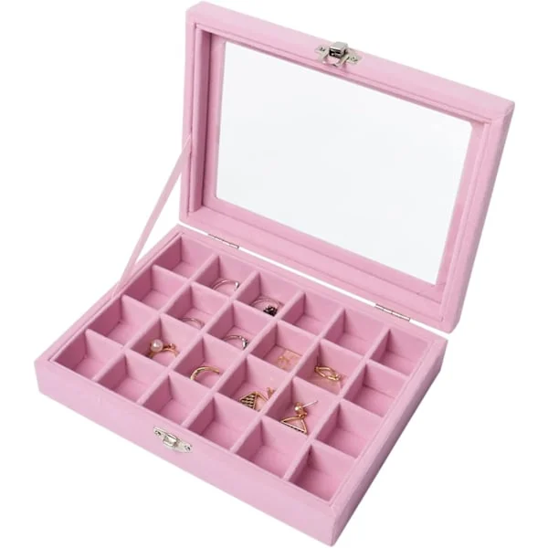 24 rutnät örhänge förvaringslåda, sammet smyckeskrin örhänge låda, smycken förvaringsdisplaylåda för ringar, örhängen, smycken, hängen, rosa