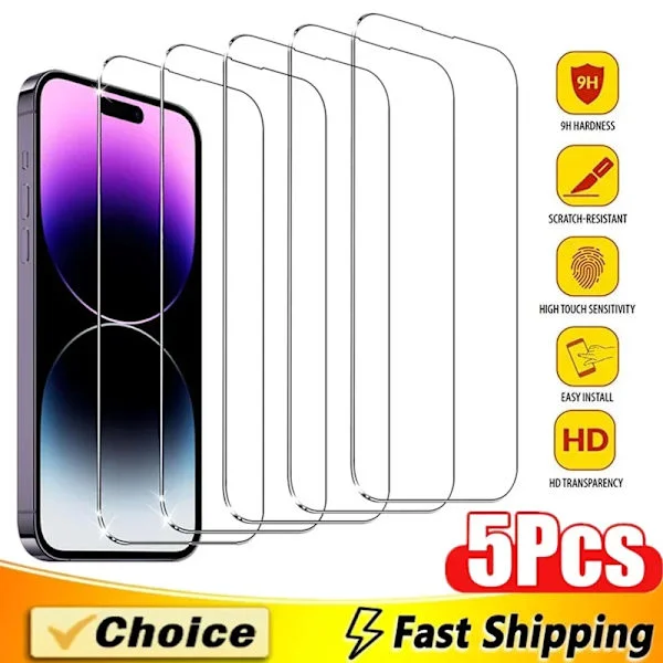 5 st Härdat glas kompatibelt iPhone 15 13 11 12 14 Pro Max Mini Skärmskydd kompatibelt IPhone 16 7 8 Plus X XR XS MAX Skyddsglas