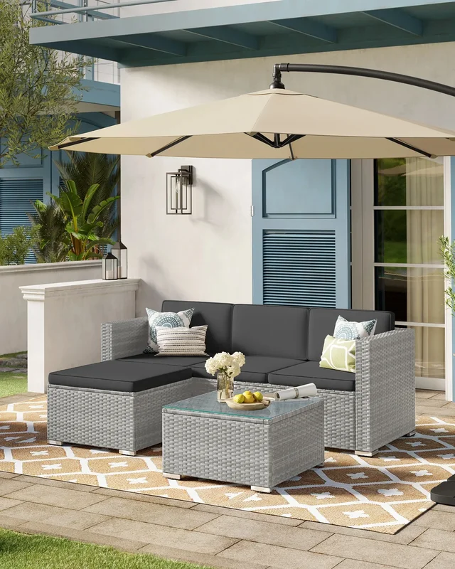 AliExpress - SONGMICS Gartenmöbel-Set, Terrassenmöbel, Ecksofa, Outdoor, handgeflochtenes Rattan, Lounge-Set, mit Kissen und Glastisch