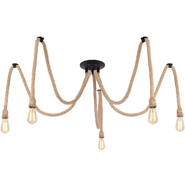 Industrial Pendant Lamp, Adjustable Lamp, Chandelier, Creative Hemp Rope Pendant Lights for Living Room, Dining Room, 5 Lights
